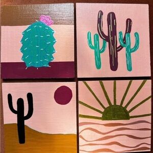 Set of 4 Desert Cactus Coasters - Pink & Green Accents